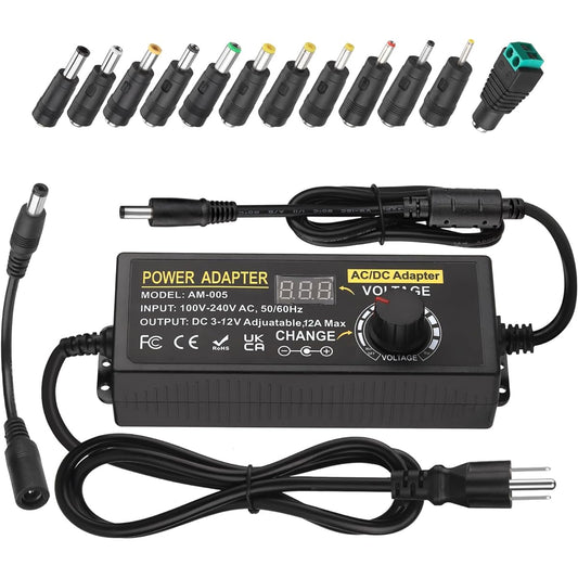 Auplf Adjustable Power Supply Adjustable 3V ~ 12V 12A 144W DC Power Supply AC 100V-240V 50/60Hz Universal Power Adapter AC-DC Power Adapter Converter Transformer with 14 Chips