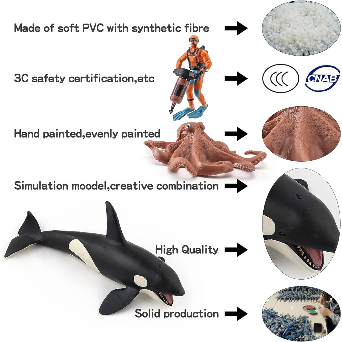 Sea Animals Figure Toy Playset 4 Pieces Diver Killer Whale Octopus Model Toy Tabletop Decor Collection Party Favors Toys for Boys Girls Kids