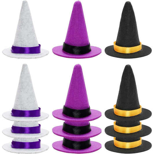 12pcs Halloween Mini Witch Hats Table Decorations 2.75inch Wine Bottle Toppers DIY Hair Crafts Halloween Christmas Party Decor 3 Colors