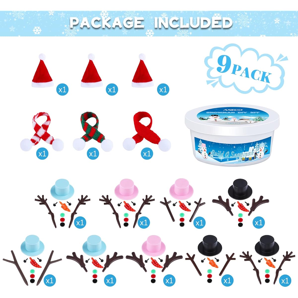 Aneco 9 Pack Christmas Snowman DIY Craft Kit Snowman Air Dry Clay Christmas Gift Decoration Modeling Clay Winter Games Holiday Party Home Supplies