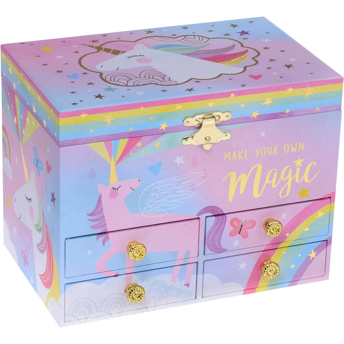 Jewelkeeper Cotton Candy Unicorn Large Musical Jewelry Storage Box with 4 Drawers Girls Musical Jewelry Box Beautiful Dreamer Tunes