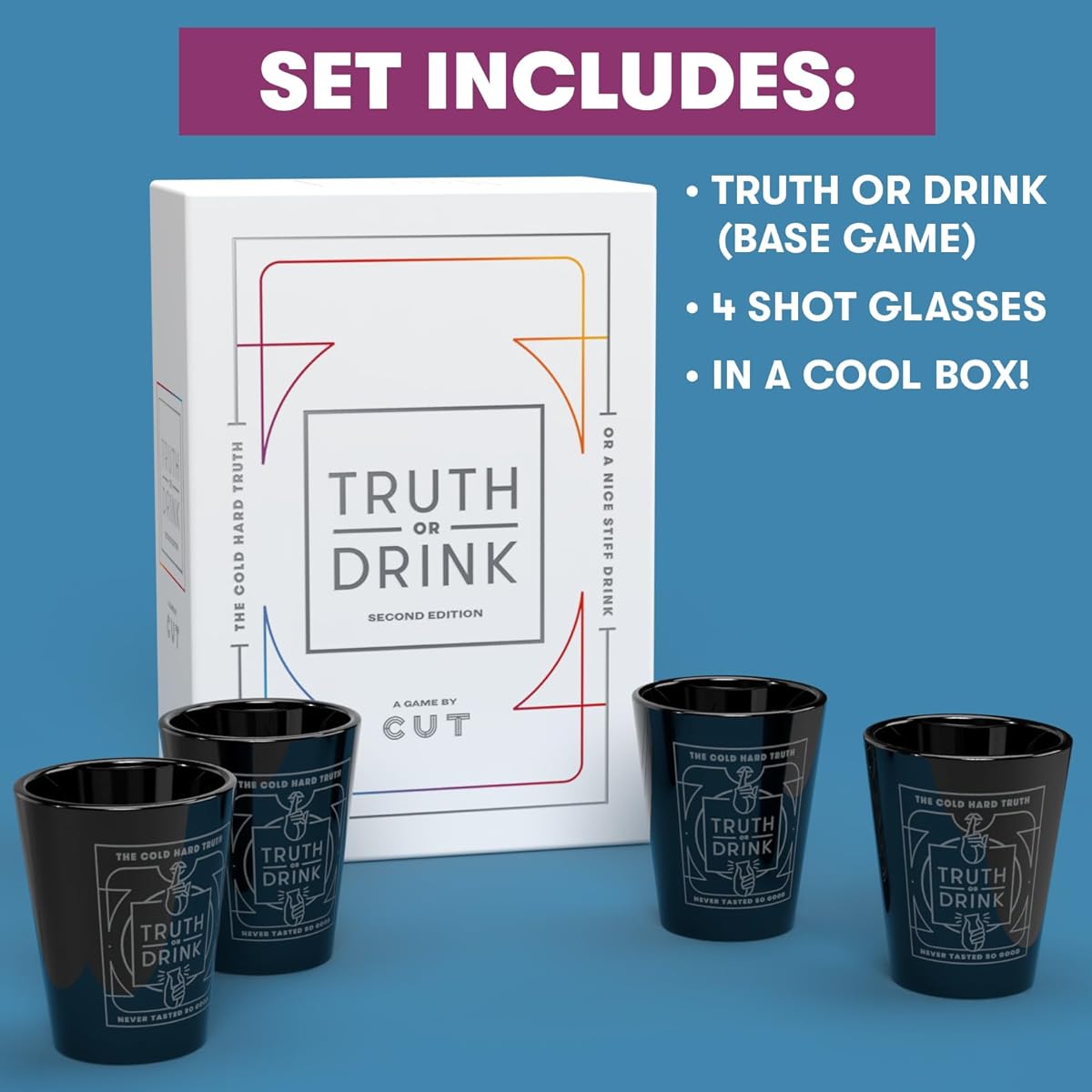 Truth or Drink: Second Edition + 2 Shot Glasses - Hydrating Game by Cut Games - Newly Updated Hilarious and Funny Questions Just Answer Out Loud - Great for Adult Game Night