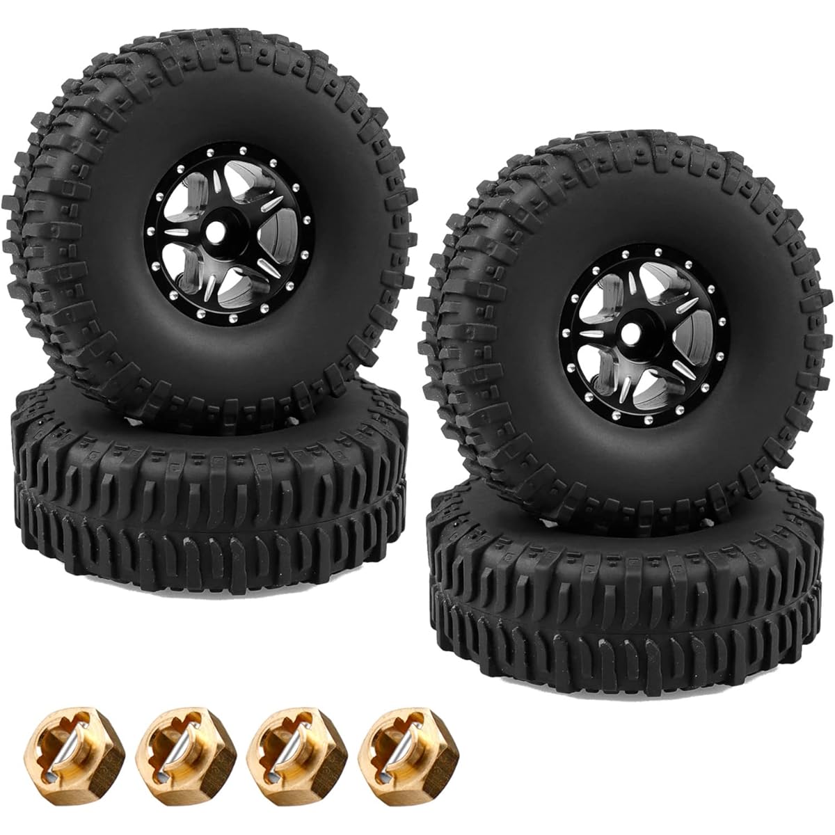 ACEKEEPS 1.0 Beadlock Wheels and Tires 4pcs Micro RC Crawler Rubber Mud Tires with 7mm Wheel Hex Spacer Upgrade 1/24 Axis SCX24 Gladiator Bronco Deadbolt C10 B-17 Betty