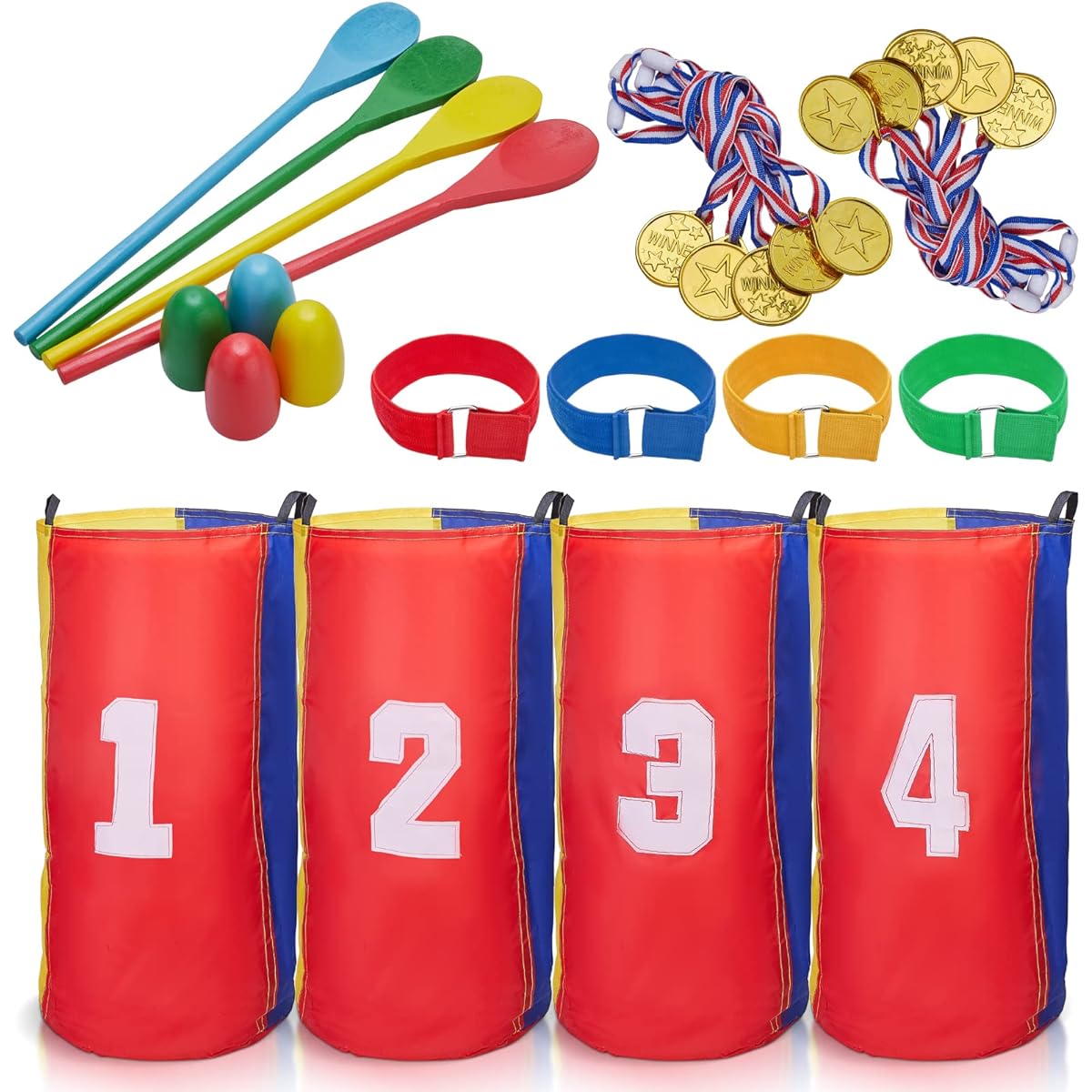 Redllo Outdoor Lawn Games Potato Sack Race Bag for Kids and Adults, 3 Legged Race Band with Egg and Spoon, Outdoor Backyard Field/Day Birthday Party Game, Easter for Kids and Families