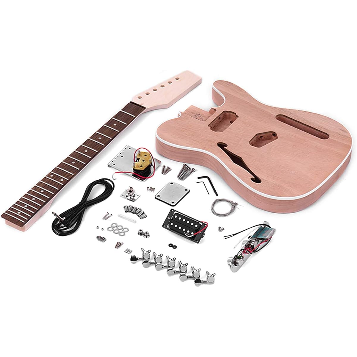 Bulaned Tele Style Unfinished Electric Guitar DIY Kit Mahogany Body, F Sound Hole Maple Wood Neck Rosewood Fingerboard
