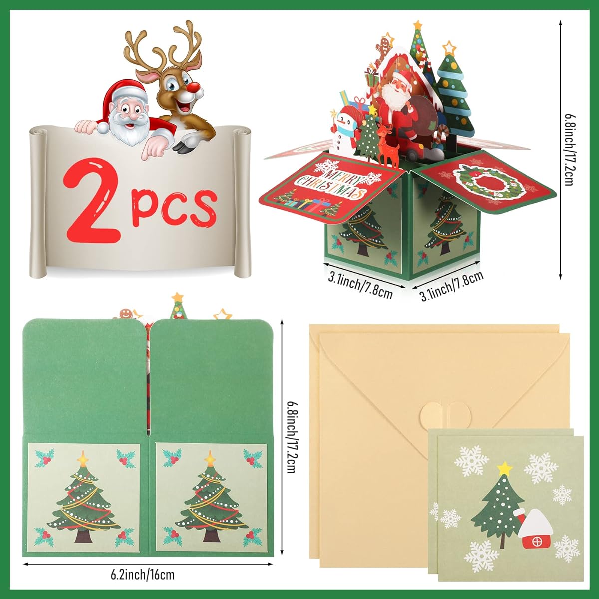 2 Pack Christmas Greeting Cards, Christmas Pop Up Cards with Envelopes, 3D Box Cards for Christmas Party, Kids, Students, Christmas Holiday Gifts (Santa Claus)