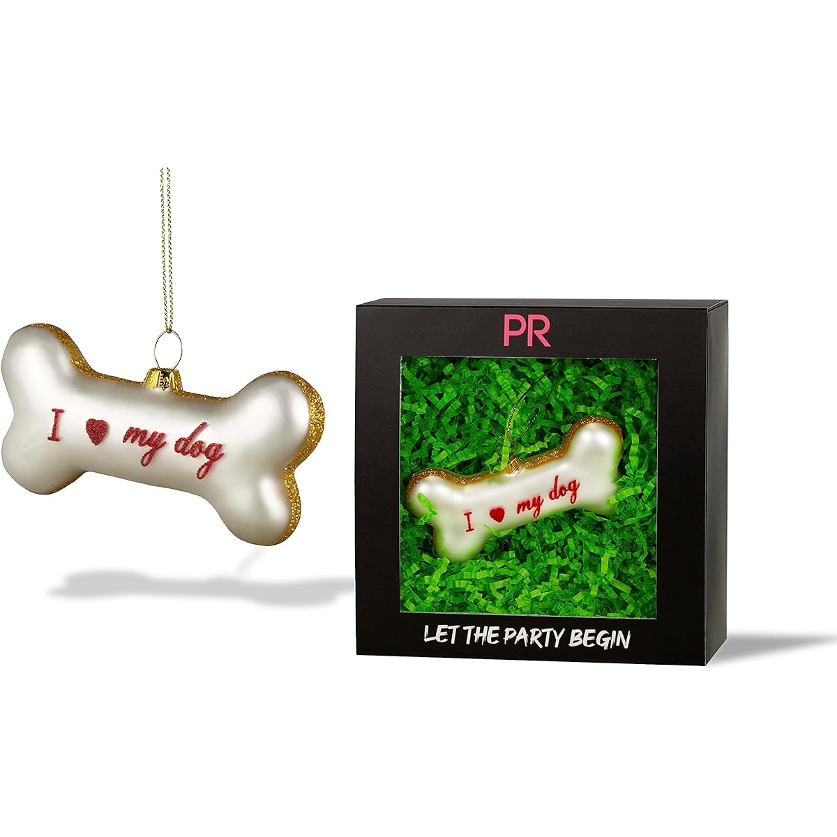 Party Rock - "I Love My Dog" Ornament - Animal Collection - 4" Wide x 2" Tall - Glass Blown Ornament for Christmas Tree