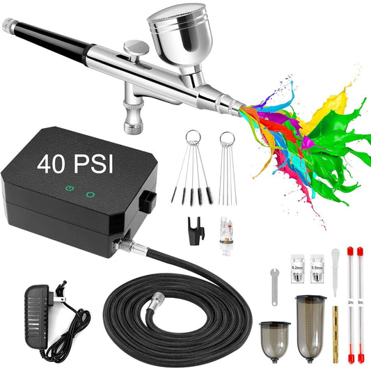 Multi-Purpose 40 PSI Airbrush Kit with Compressor, Dual Action High Pressure Airbrush Kit with 0.2/0.3/0.5mm Nozzle for Painting, Nail Art, Modeling, Makeup, Cake Decoration, Tattoo