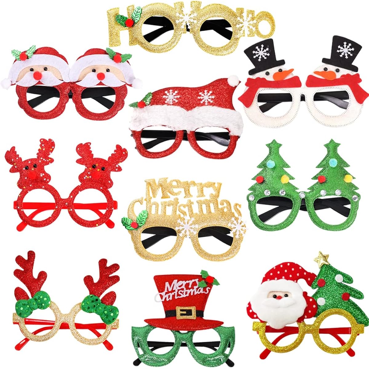 CAMIRUS 10pcs Christmas Glasses Glitter Party Eyeglasses Frames Costume Sunglasses for Kids Adults Christmas Party Favors Supplies Holiday Photo Decoration