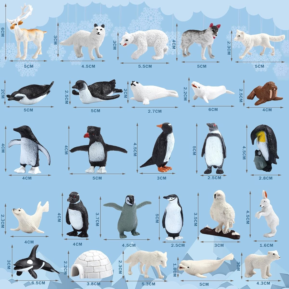 26 Pieces Mini Arctic Animal Figure Set Polar Animals Realistic Plastic Bear Penguin Seal Dolphin Figure Toy Gift 100g PE Fake Artificial Snow for Birthday Party Favors (Cute Style)