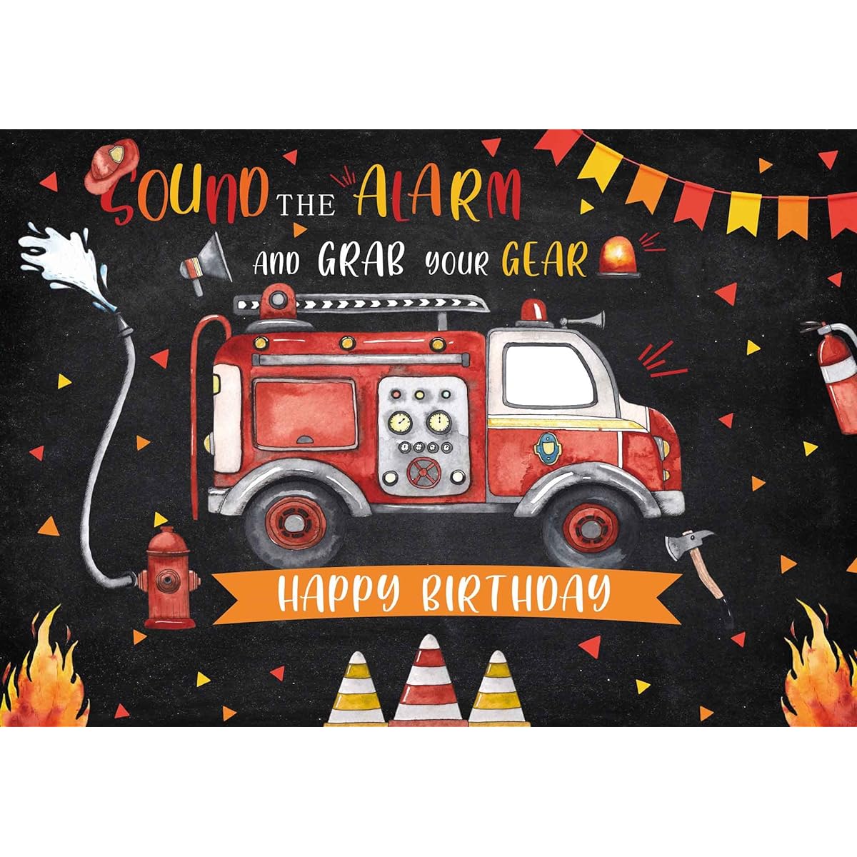 Felortte 5x3ft Polyester Firefighter Happy Birthday Backdrop Fireman Fire Truck Photography Background Boy Kids Birthday Baby Shower Party Decorations Banner Photo Booth Props
