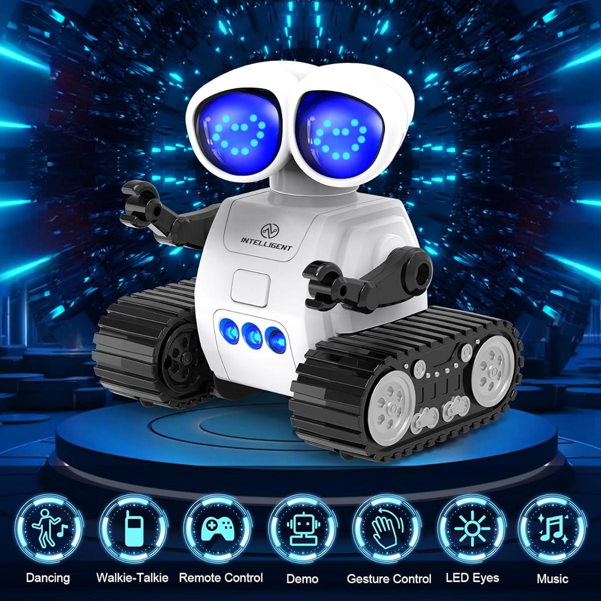 TOY Life Rechargeable Remote Control Robot with Automatic Demonstration, Flexible Head and Arms, Dance Moves, Music, Glowing LED Eyes, White