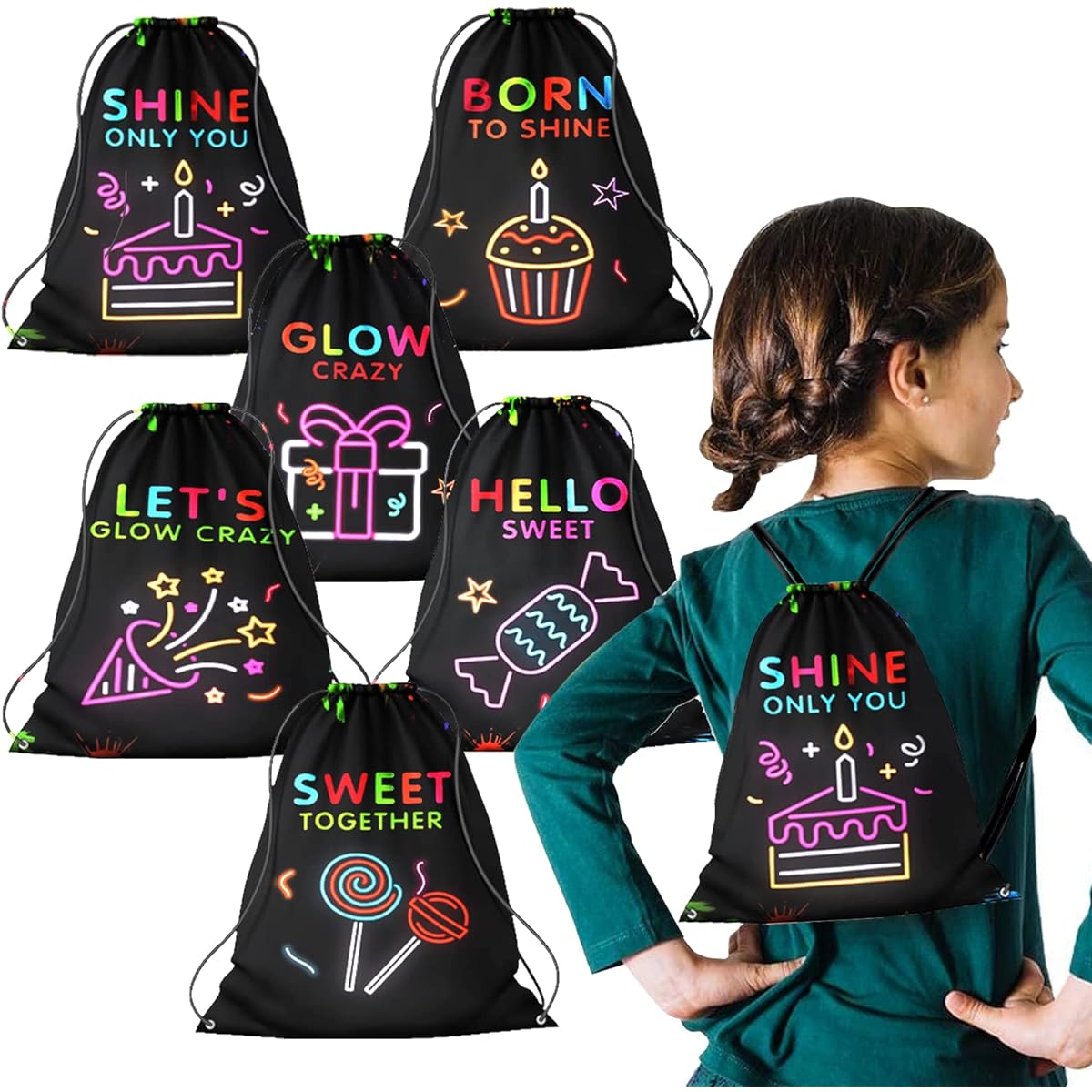 PERFQU 12 Pack Glow Party Supplies Drawstring Bags for Kids Birthday