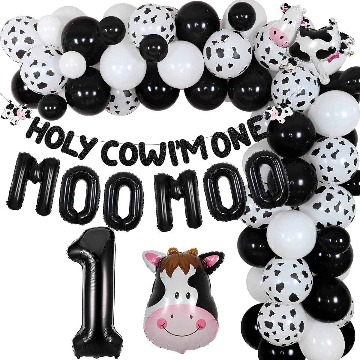 Cow 1st Birthday Decorations - Holy Cow Im One Birthday Decorations for Boys and Girls Black and White Balloon Garland Kit, Holy Cow Im One Banner, Moo Moo Cow Foil Balloons