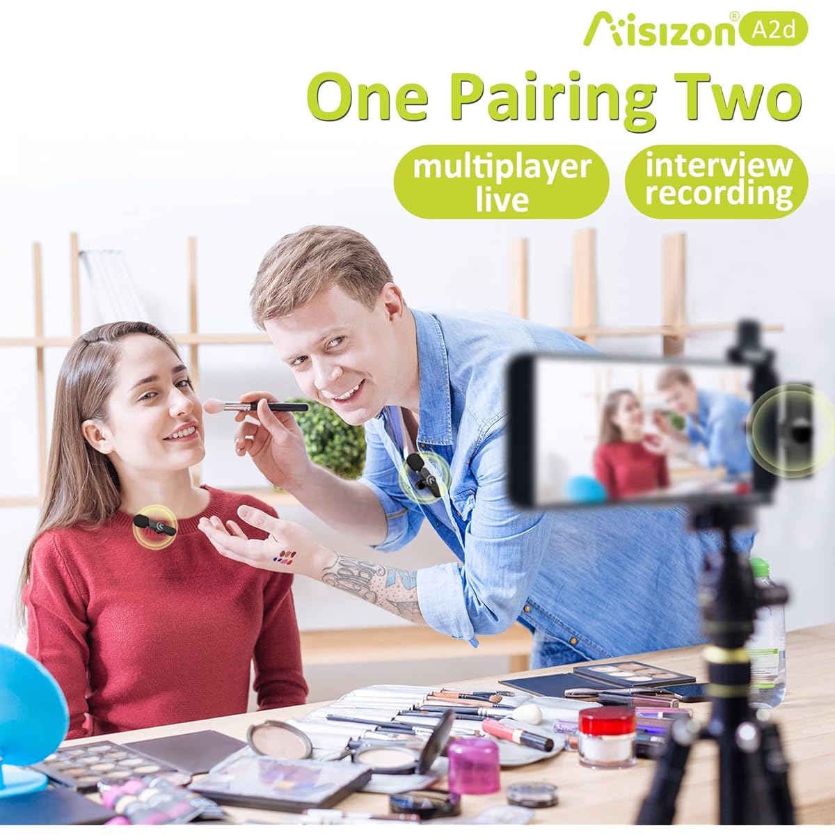 Wireless Mics, Wireless Clip on Microphones, Lapel Microphone (Aisizon A2d One Pair Two), for Android Phone, iPhone, Laptop, Video Recording