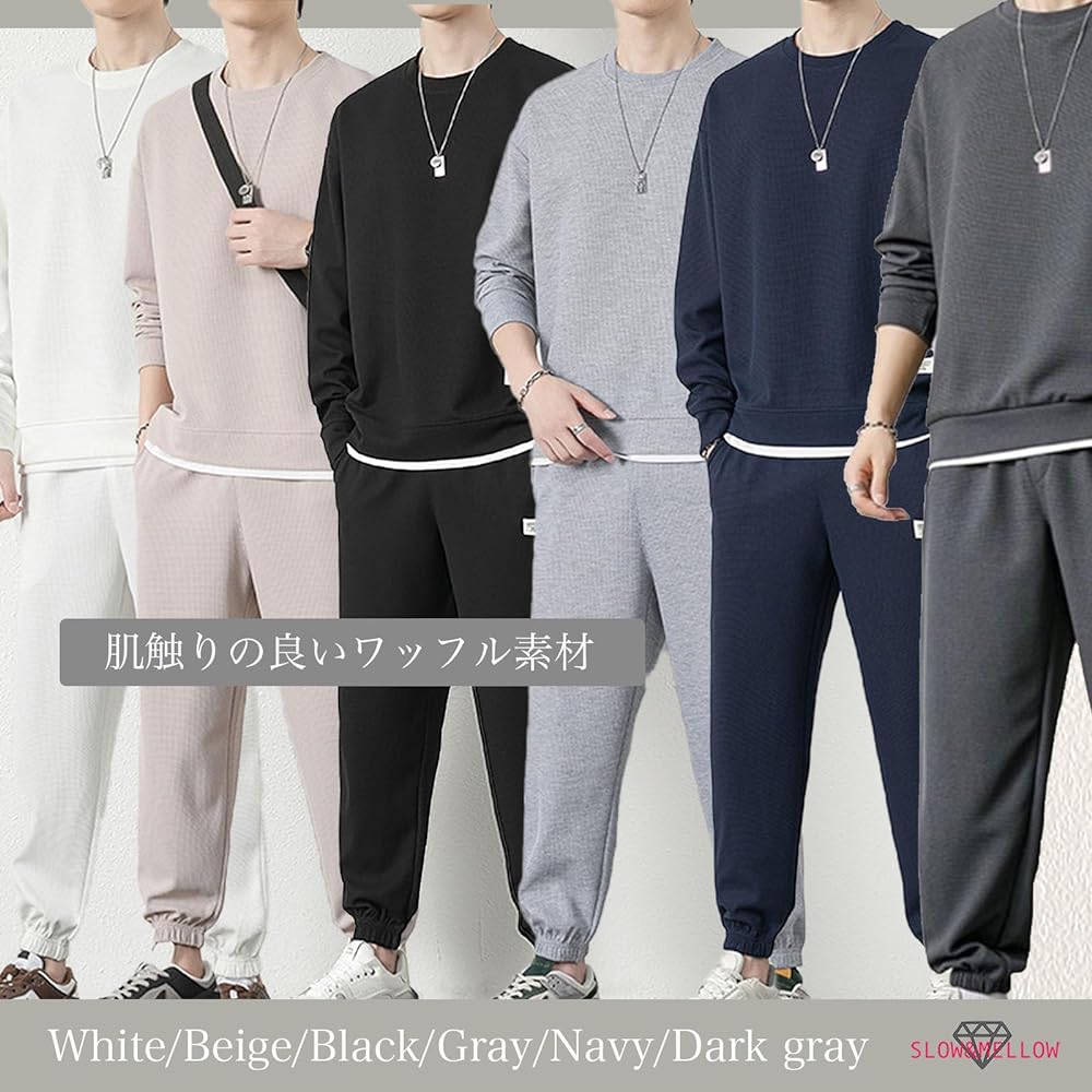 [SLOW & MELLOW] Setup Waffle Fabric Top and Bottom Set Layered Style Design Room Wear Casual Men's Long Sleeve Pants Sports Simple Room Wear 4 Colors