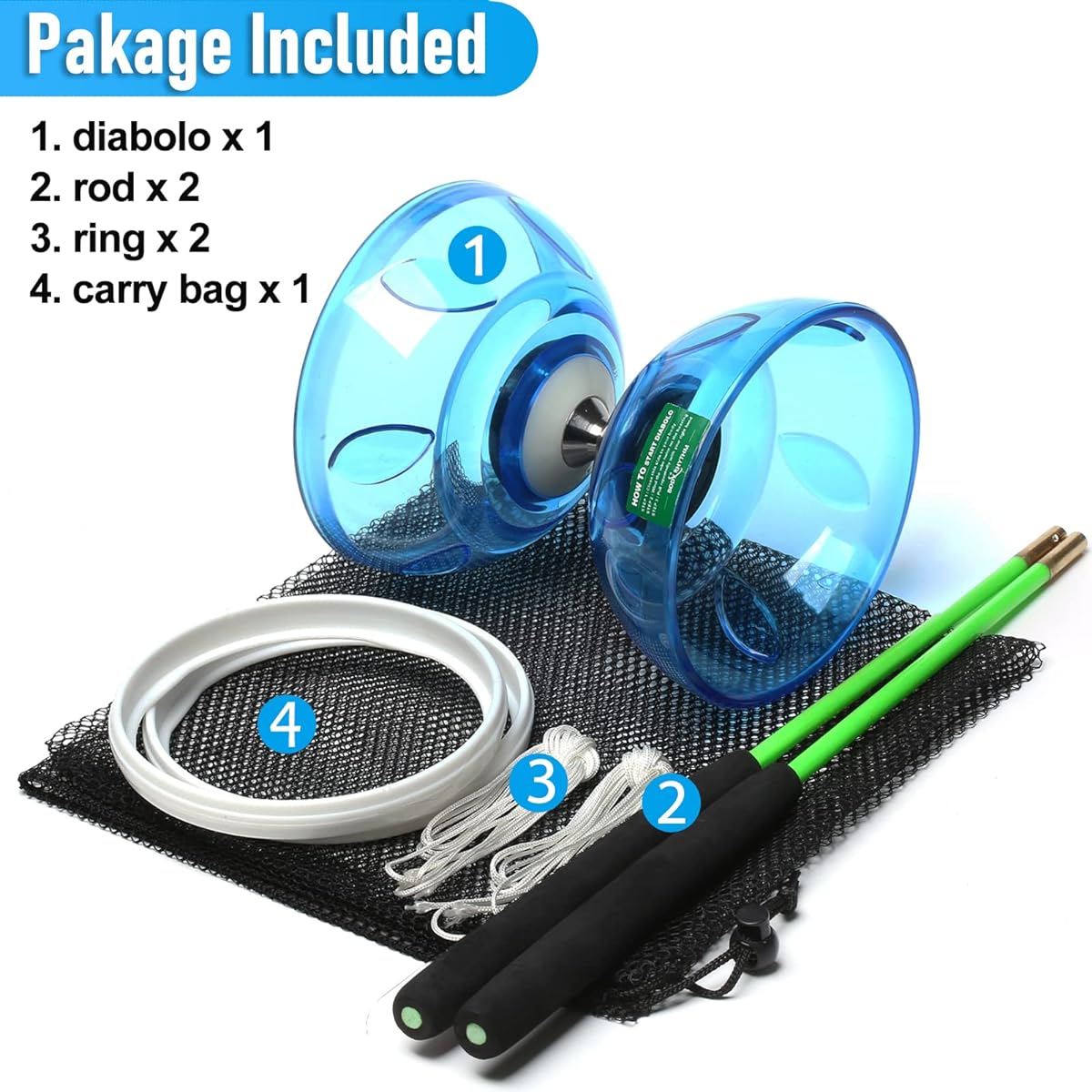 BodyRhythm Five Bearing Chinese Diabolo Yo-yo Set with Fiberglass Sticks and Adjustable String, Great for All Ages, Fitness and Tricks (Blue)