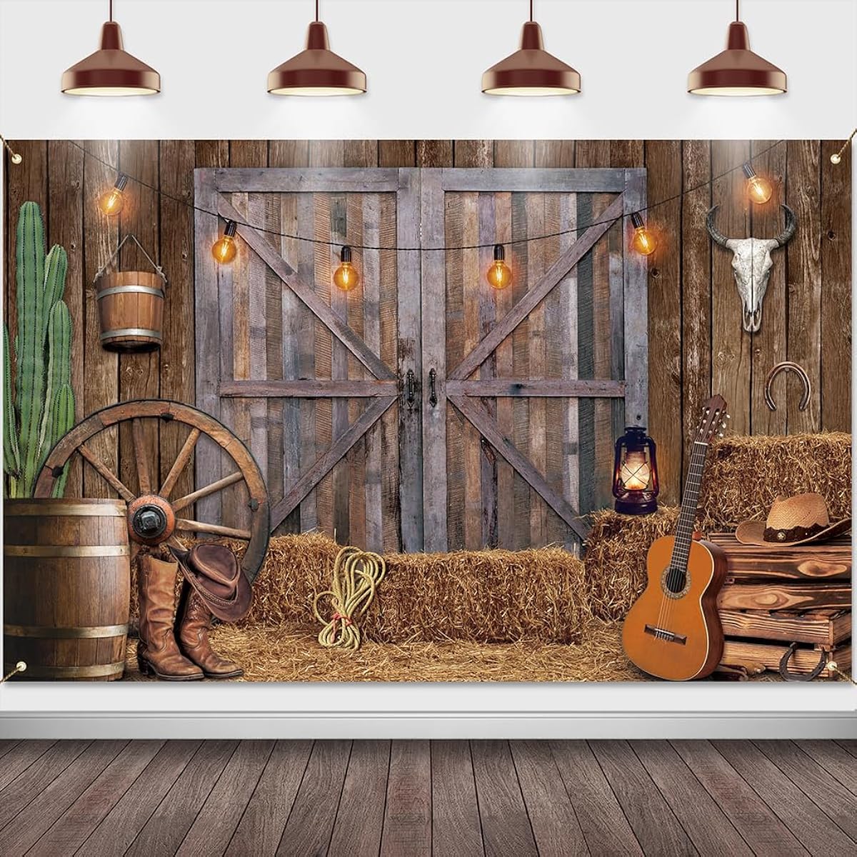 Partydream Western Cowboy Backdrop Cowboy Party Decorations Large Western Theme Banner Rustic Wild West Decor Wooden House Barn Photo Background for Kids Boys Birthday Baby Shower Western Party
