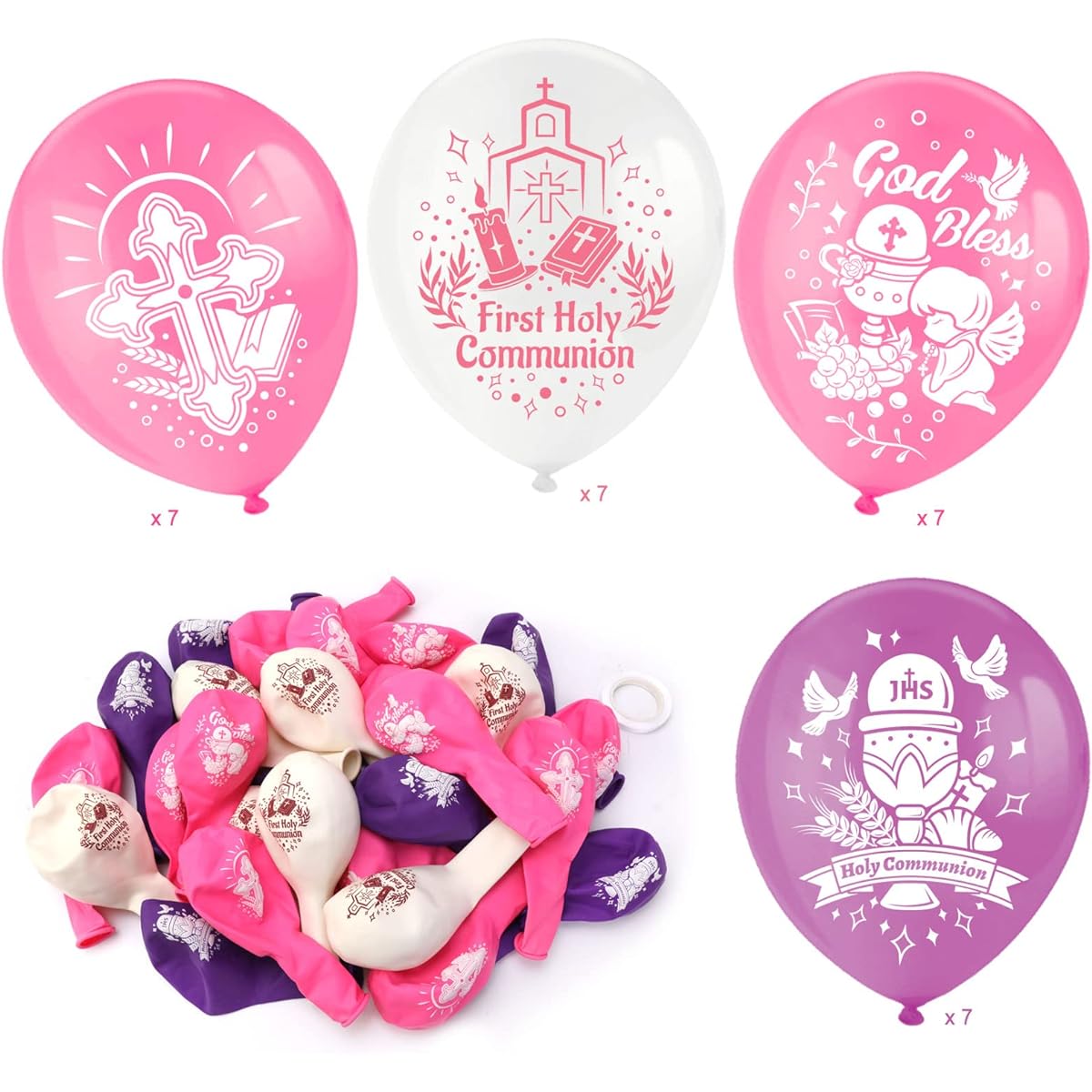 DPKOW 28pcs Communion Balloons Set for Girls First Communion Decorations God Blessing Cross Latex Balloons Angel Dove Bible Balloons for Baby Shower Confirmation Birthday Party Pink Purple White