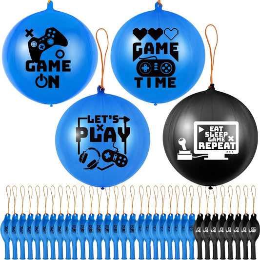 32 Pieces Video Game Punch Balloons Pixel Punch Ball Pixel Video Game Punch Ball Latex Punch Ball Fun Game Birthday Party Favors Supplies Goodie Bag Fillers (Blue, Black)