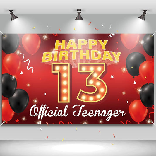13th Birthday Backdrop Banner Happy 13th Birthday for Boys/Girls Official Teenager 13th Birthday Yard Sign Red 13th Birthday Party Photo Prop Decor Fabric 6' x 3.6' Vicycaty