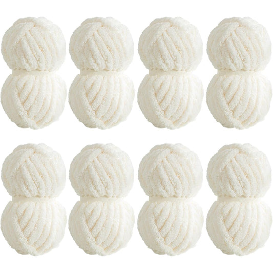 MABOZOO Super Bulky Chunky Chenille Yarn for Hand Knitting, Large Yarn for Chunky Blanket, Big Thick Arm Knitting Yarn, Fluffy Soft Plush Jumbo Yarn Crochet, Cream White 8 Pack