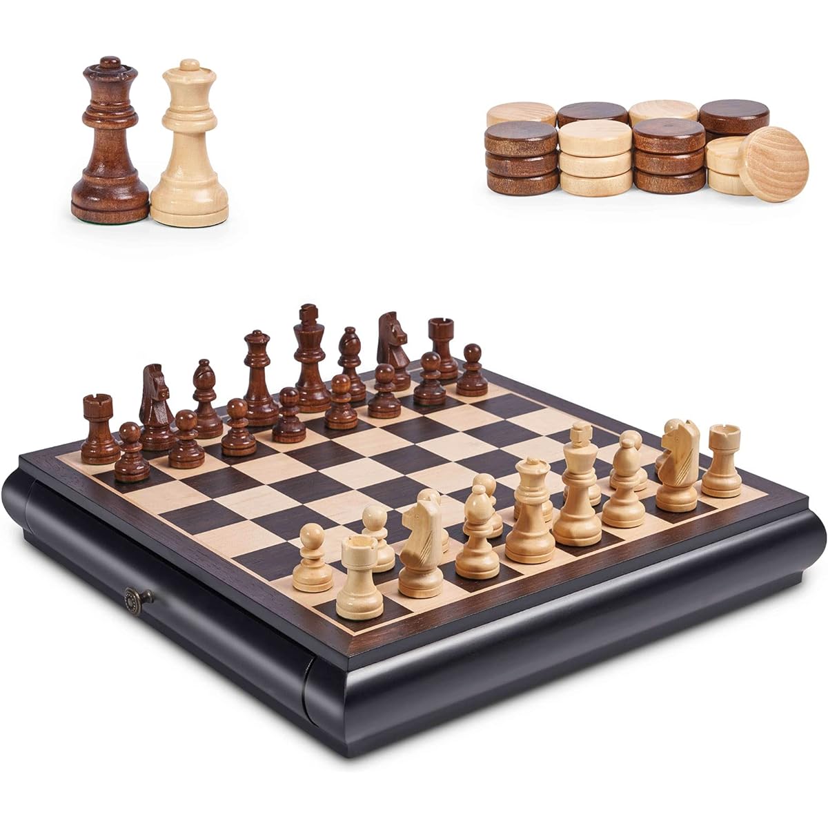 VAMSLOVE Chess and Checkers Board Game Set 15.5" Wooden Board Box with Storage Slots Classic 2-in-1 Large Size