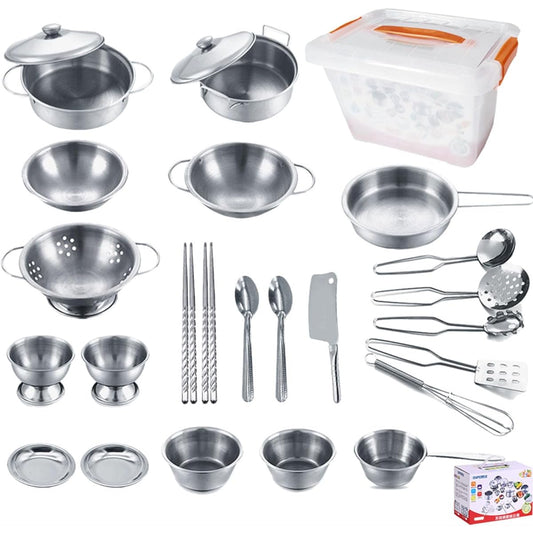 23 Pieces Stainless Steel Kitchen Toys Pretend Play Pots Pans Cookware Kits for Kids, Come With a Handy Storage Box