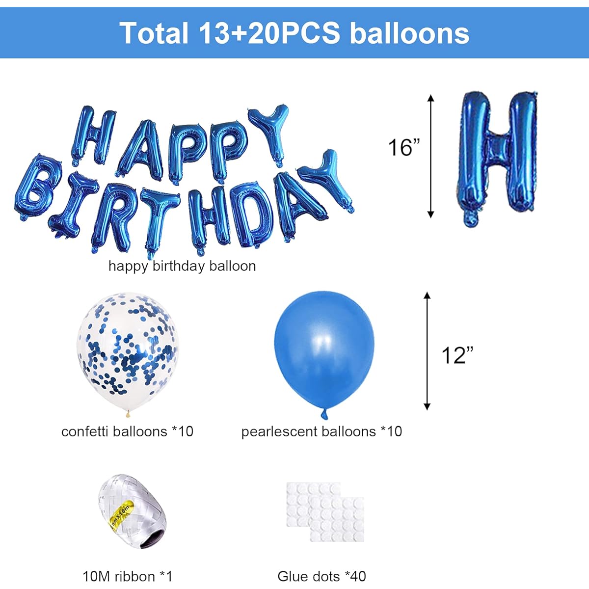 Happy Birthday Banner, Blue Balloon Decoration, 20 Pack Balloons include Blue Latex balloons x10, Blue Confetti Balloons x10, and 16inch "Happy Birthday" Foil Balloons, for Boys, Girls, Women Party