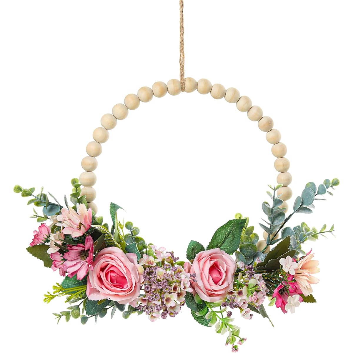 SWTHONY 13.8 Inch Spring Flower Wreath Bohemia Wall Decor - Wooden Beads False Rose Wreath Hanging Front Gate Farmhouse Wreath - All Season Indoor/Outdoor Door Wreath and Window Decor