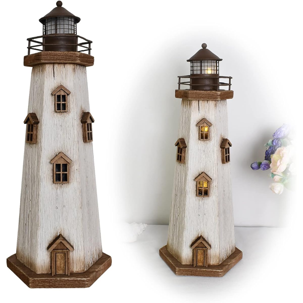 Home Decor Lighthouse 16" Tall Rustic Wood Lighting Home Figurine Tabletop Centerpiece LED Lighthouse Nautical Beach Decor Living Room Bedroom Kids Room Bathroom Decor