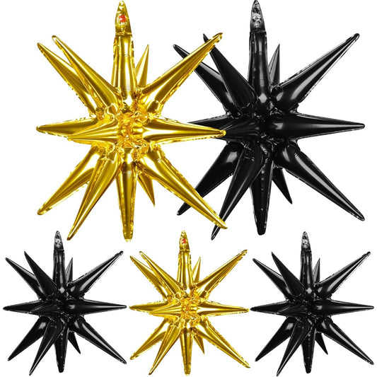 5 Pieces Foil Cone Mylar Balloons,Point Star Balloons Gold and Black Exploding Starburst Balloons 52 Inch Spiked Balloons Party Supplies for Graduation Birthday Bachelorette,Photo Booth