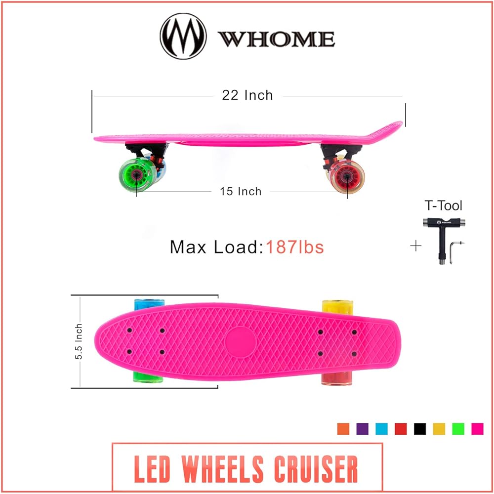 WHOME Skateboard for Kids - 22 Inch Cruiser Skateboard 60x45mm 4th Generation LED Lighted Wheels - Commuting/Mobility Birthday Gift/Holiday Gift for Kids/Beginners/Girls/Boys