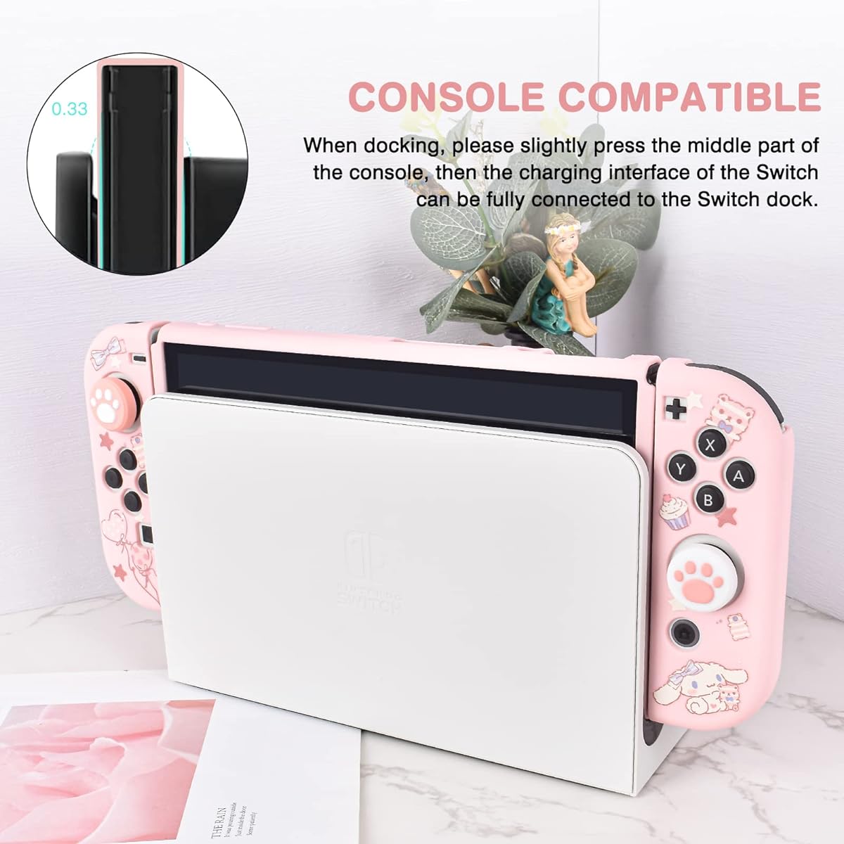 DLseego Cute Dog Switch OLED Protective Case Silicone Soft Cover Shockproof Pink Skin Joy Con Shell 4 Pieces Cat Claw Thumb Grip Cap