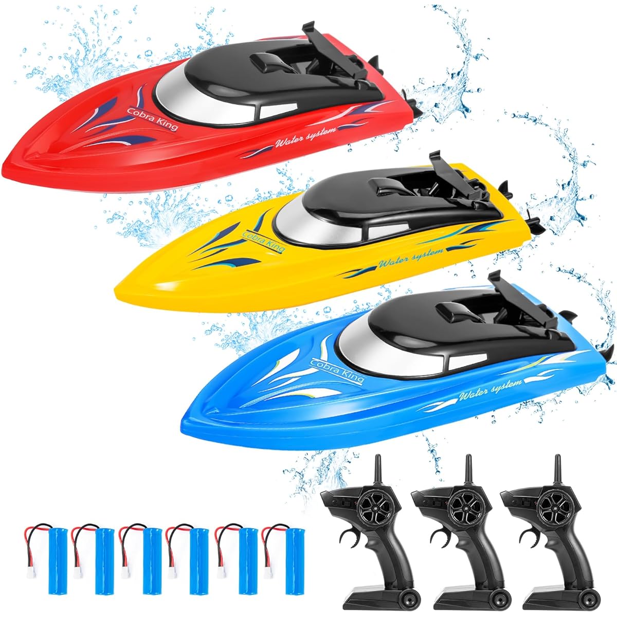 GIMMYFIVE 3 Pack High Speed 2.4GHz RC Boats for Pools and Lakes - Remote Control Boats for Kids and Adults 10km/h High Speed RC Boats with 6 Rechargeable Batteries (Blue, Yellow, Red)
