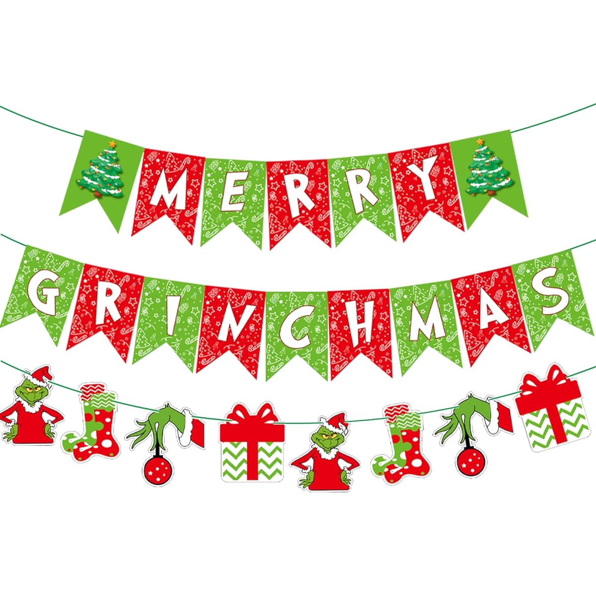 Merry Grinchmax Christmas Banner and Grinch Garland Decorations, Christmas Party Banner Supplies, Christmas Home Office Fireplace Decorations