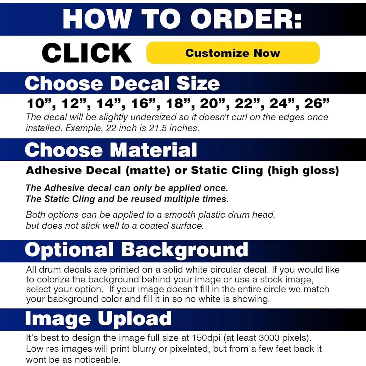 Custom Bass Drum Decals for Drum Heads - Logo, Drum Stickers and Decals, Custom Decals, Drum Kit Wrap Skins, Easy to Apply & Remove from DIY or Professional Bands, Made in the USA