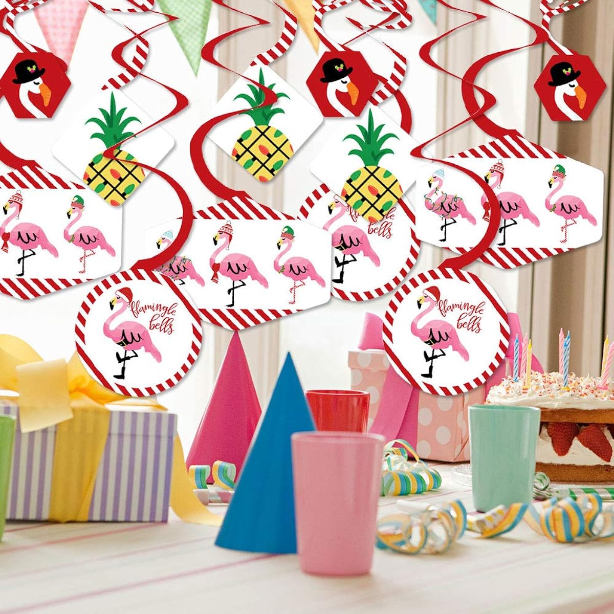 Big Dot of Happiness Flaming Bells Tropical Christmas Party Hanging Ornaments Party Decorations Swirls Set of 40