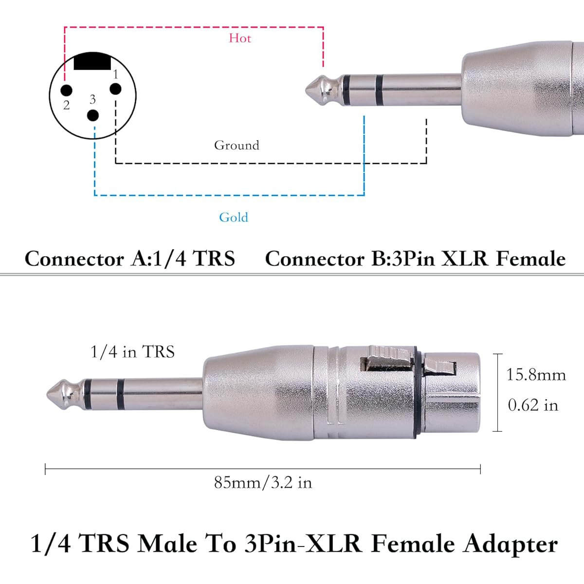 HUALEU XLR female to 1/4 TRS adapter, balanced female XLR to quarter inch 6.35mm male adapter.