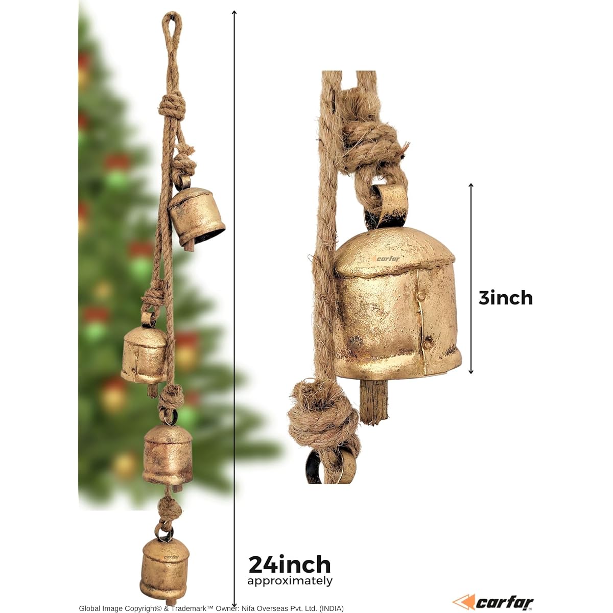 Carfar Rustic Style Bell Cluster Handmade Metal Harmony Christmas Cowbell Hanging on Jute Rope