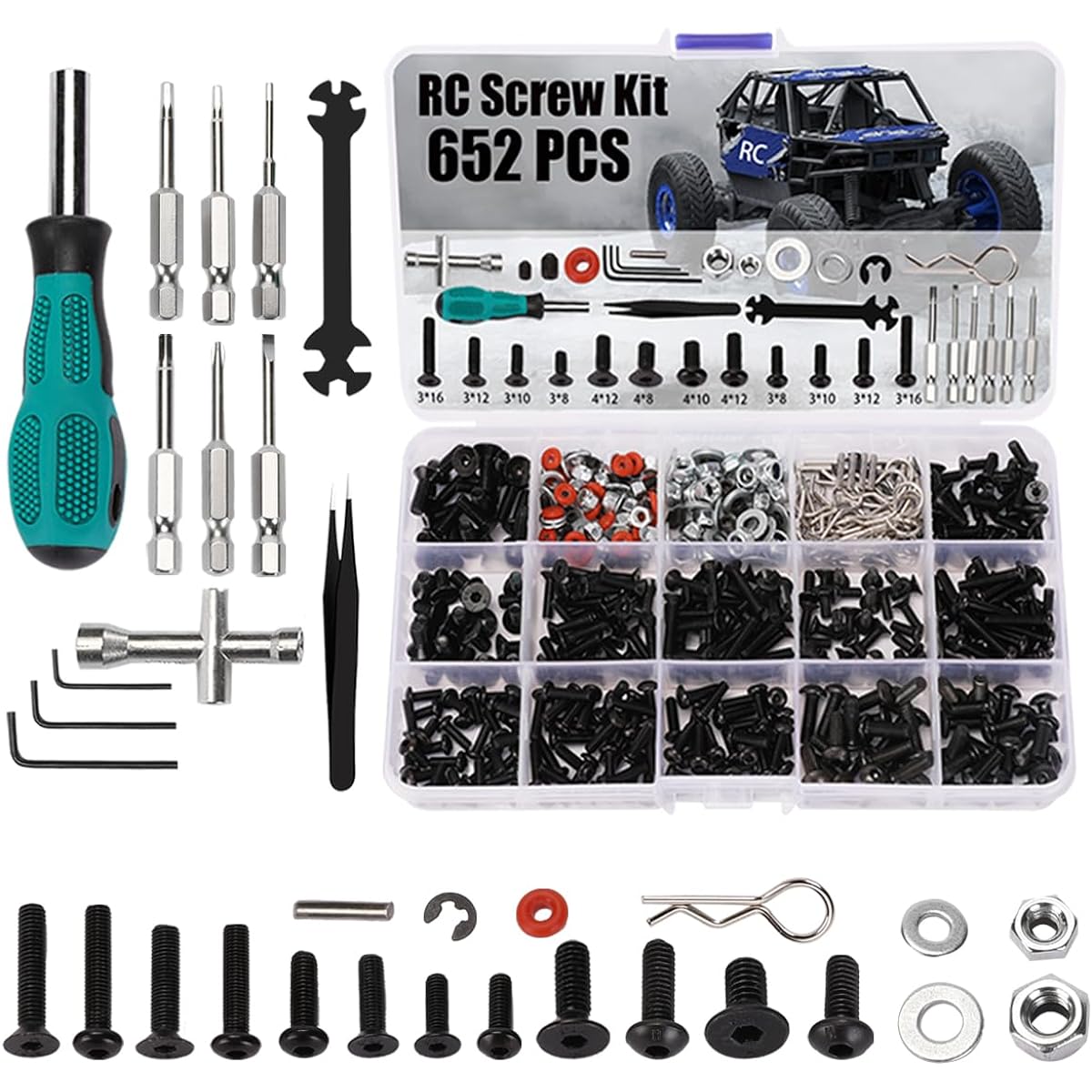 Kimapeso RC Car Screw Kit and 652 Pieces Universal RC Car Screw Tool Assortment Set RC Screws Hardware Fasteners RC Parts Screw Kit for 1/8 1/10 1/12 1/16 Scale RC Car Truck Crawler