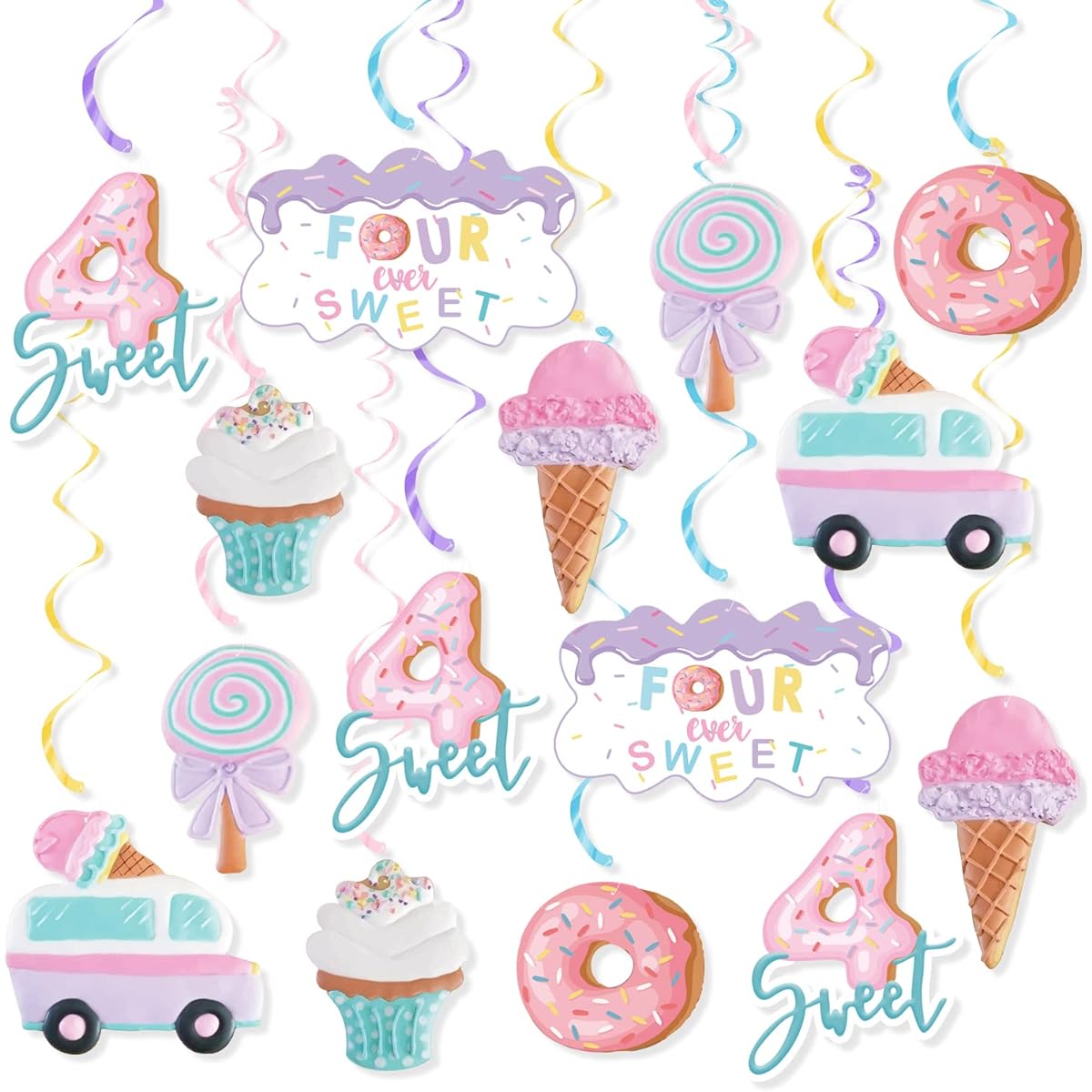 Four Ever Sweet Ice Cream Birthday Party Decorations, 20pcs Ice Cream Party Hanging Swirl Decorations for Kids Ice Cream 4th Birthday Party Girls Donuts 4th Birthday Party Ceiling Hanging Streamers