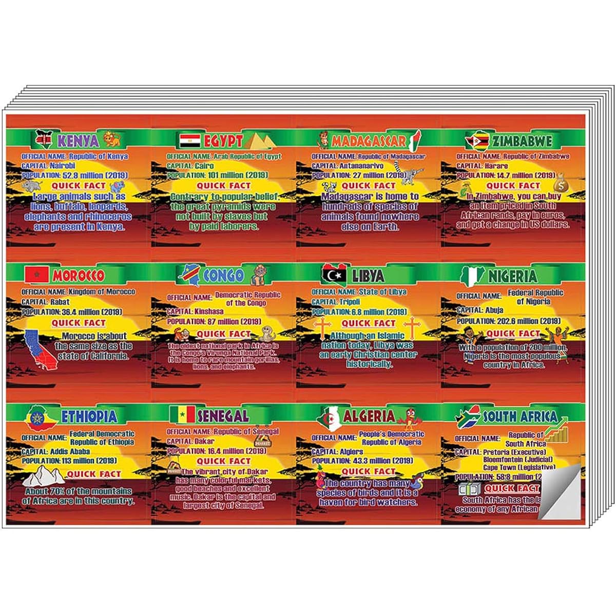 Creanoso African Countries Facts Stickers (10 Sheets) - 120 Total Stickers (10 x 12 Pcs) Individual Small Size 2.1 x 2 Inch Cool Theme Designs - Decal Art for Boys & Girls, Kids, Teens