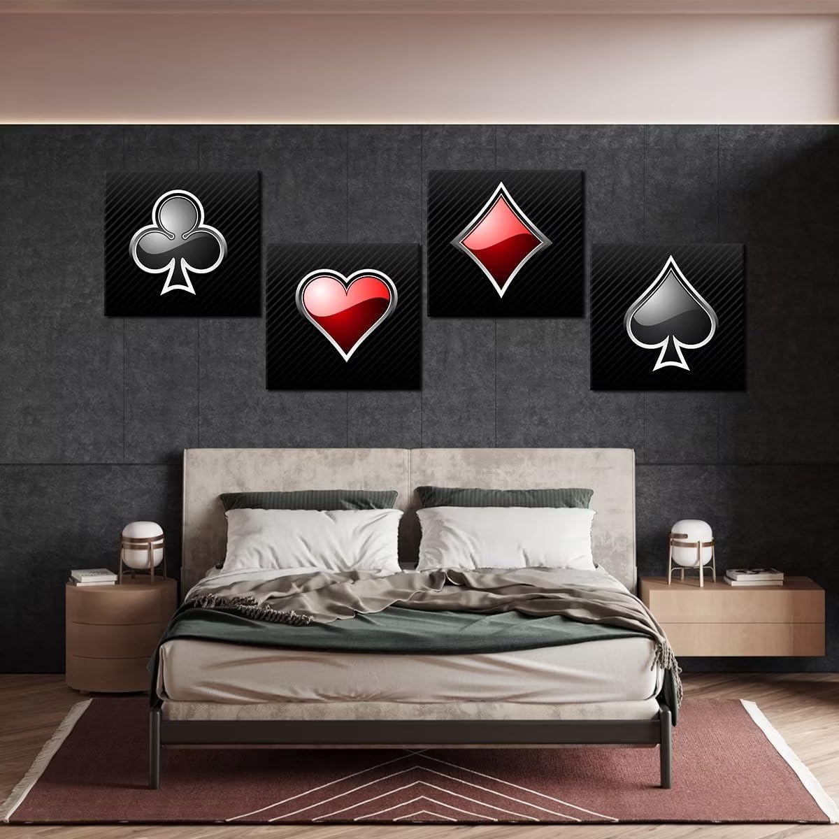 Heatsprits Poker Painting Playing Cards Wall Art for Casino Game Room, Black Stripes and Red Wall Decor, Diamond Spades Clubs Heart Pattern Picture for Club Office Bar Playroom Home (16"W x 16"H x 4")