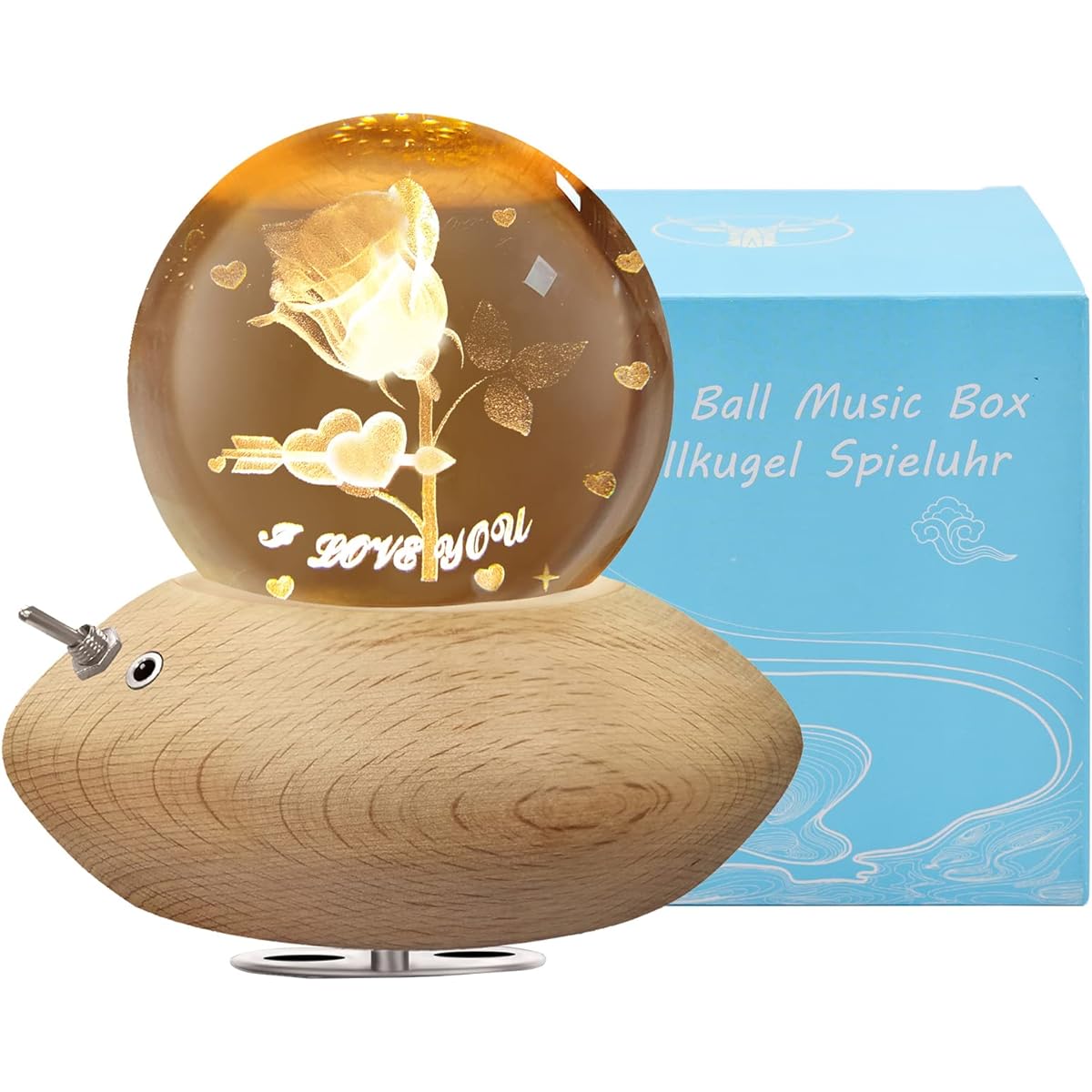 SITIEPA 3D Crystal Ball Music Box with Projection LED Light and Rotating Wooden Base, Perfect Gift for Birthday Christmas Thanksgiving Valentine's Day Mother's Day Music Box for Women (Rose-B