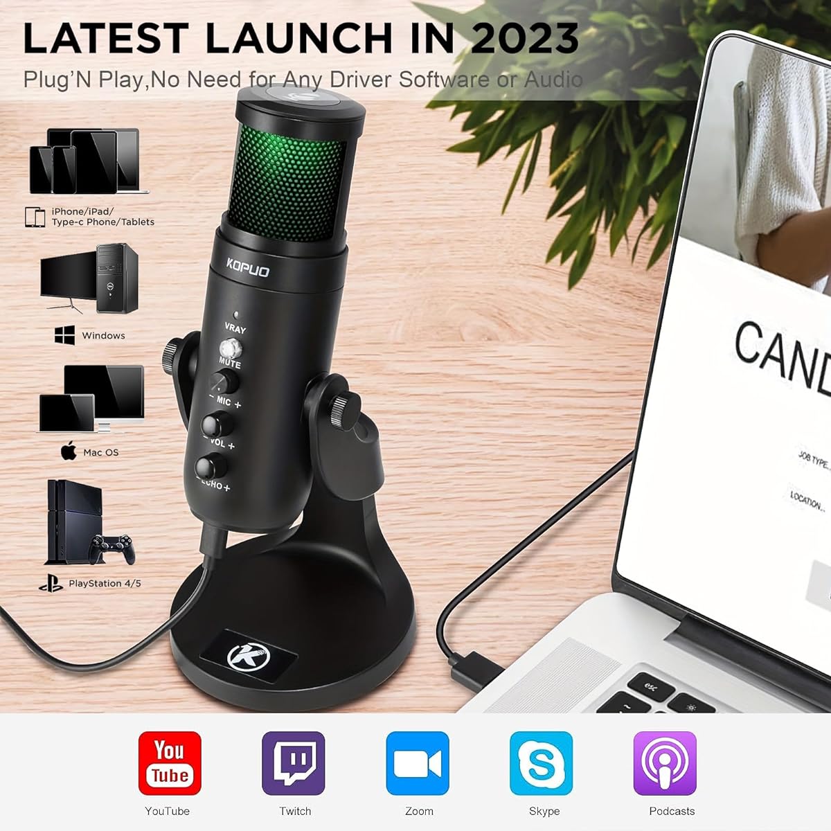 KOPUO Built-in Mute PC Dynamic Cardioid Microphone Condenser Metal Microphone with Headphone Jack Audio Blocking Technology Compatible with YouTube/Streaming/Recording/Twitch