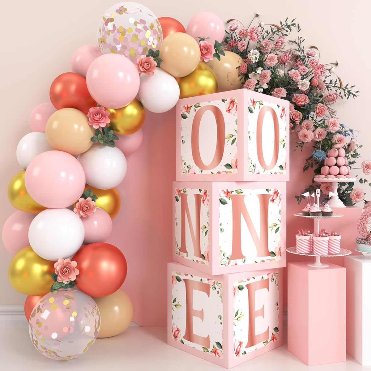 Levfla 1pc Rose Gold Floral Balloon Box Spring Party Decorations Baby First Birthday Backdrop Blocks Pink Flowers Photo Centerpiece 1st Year Anniversary Celebration Keepsake Ideas