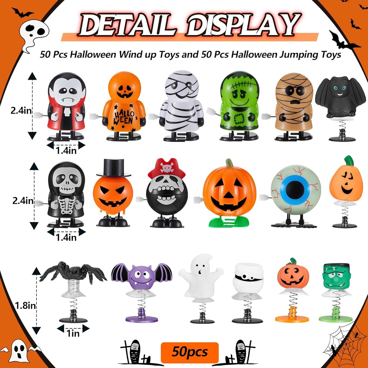Ceenna 100pcs Halloween Toys Bulk 50pcs Halloween Wind Up Toys 50pcs Halloween Jumping Popper Toys Spring Launchers Halloween Party Favors Classroom Giveaways Pinata Fillers