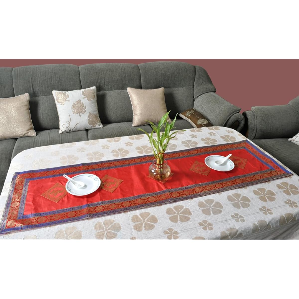 Lalhaveli Indian Elephant Design Red Silk Table Decorative Runner 152 x 41 Cm