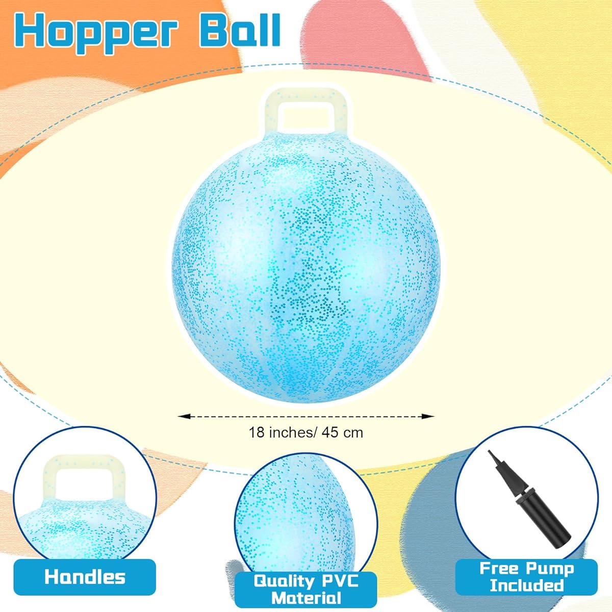 Poen 2 Pieces Hopper Ball 18 Inch Jumping Bouncing Ball with Handle Hippie Hop Ball Sit on Bouncy Ball with Handle Jump Hopping Ball with Air Pump for Boys Girls Exercise Glitter Red Glitter Blue